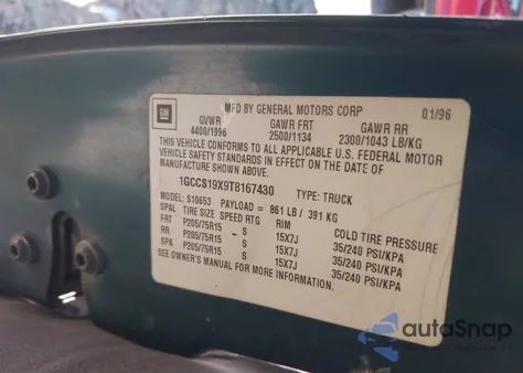 1996 Chevrolet S Truck S10 from USA, damaged, VIN 1GCCS19X9T8167430